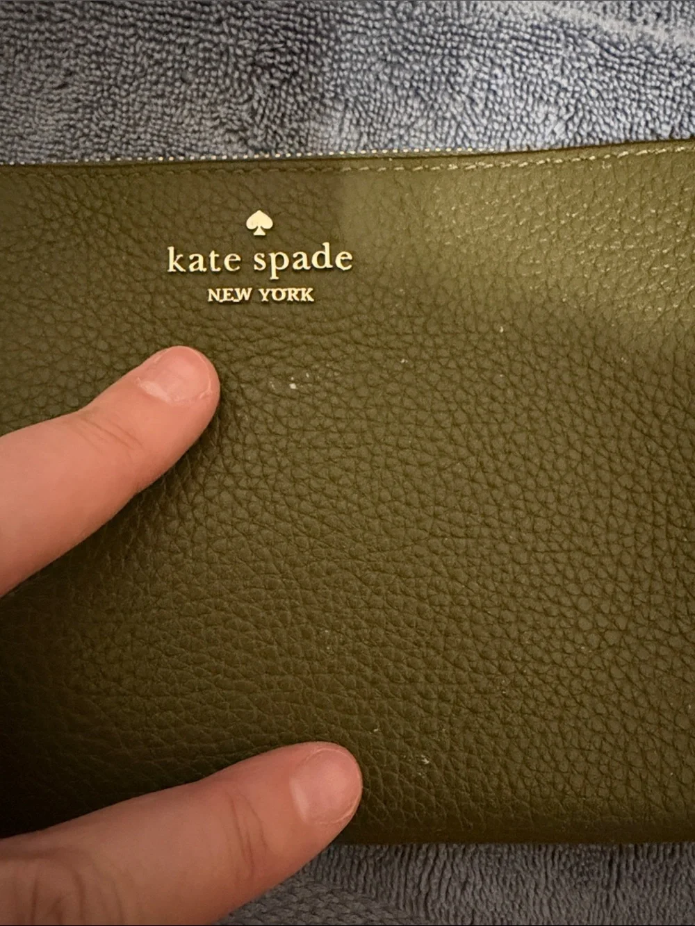 kate spade Olive Green Pebbled Leather Wristlet with Gold Logo